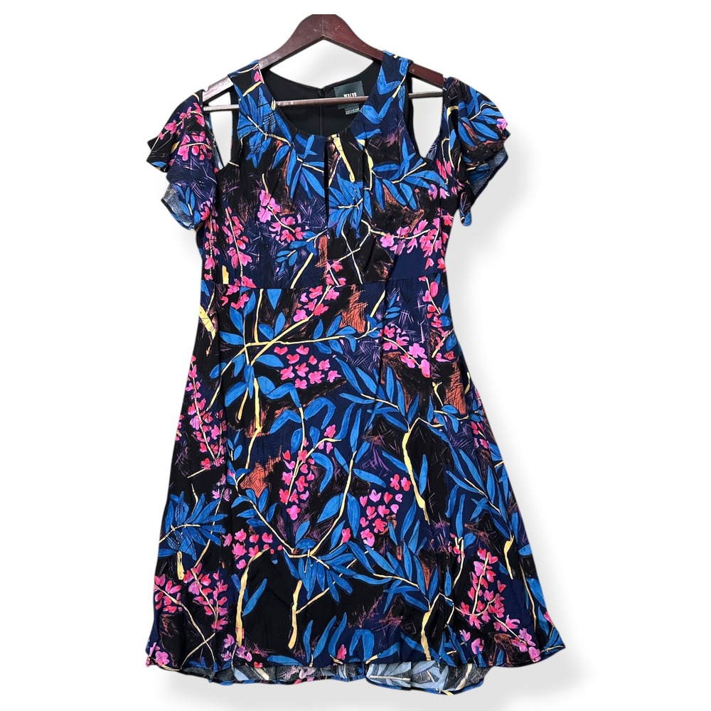 Maeve Anthropologie Womens Elia Cold Shoulder Dress Blue Floral 10P Tropical‎ - Picture 2 of 9
